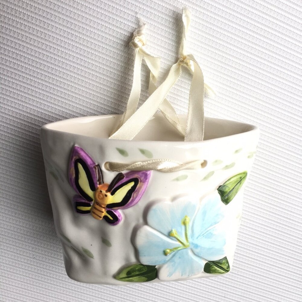 Butterfly Floral Ceramic Art Pottery Purse Shopping Bag Handbag White Decor